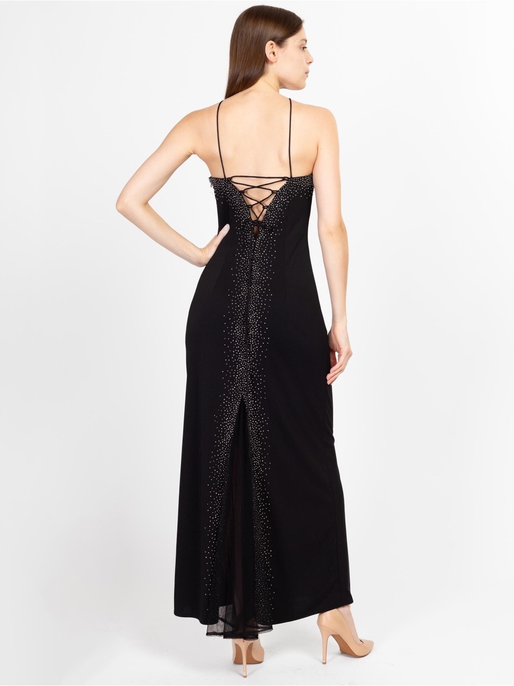 Dave & Johnny Halter Black Beaded Lace-Up Back Maxi Dress Small 5/6